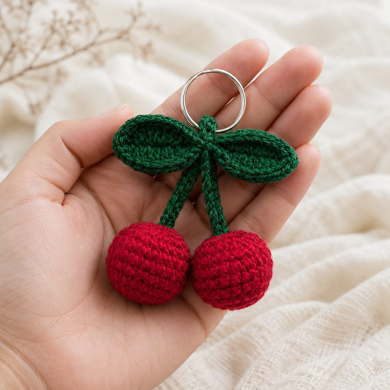 Handmade Crochet Cherry Keychain