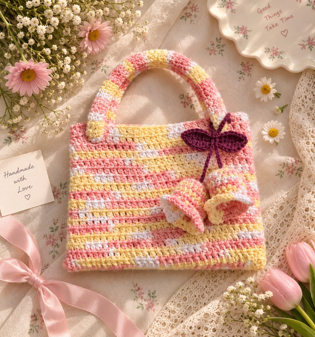 Handmade Crochet Butterfly Tote Bag