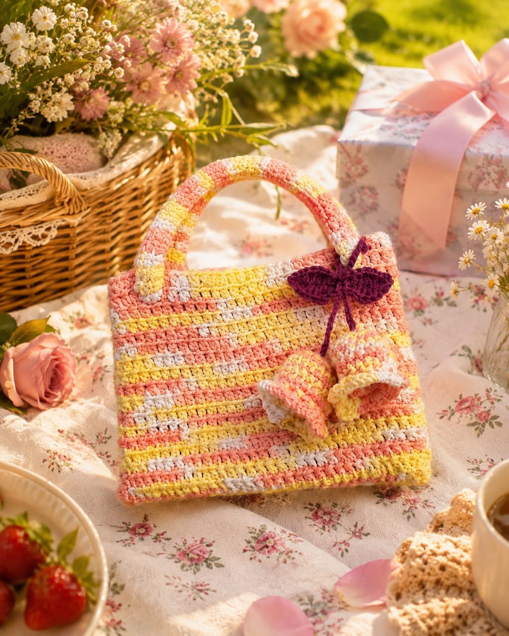 Handmade Crochet Butterfly Tote Bag