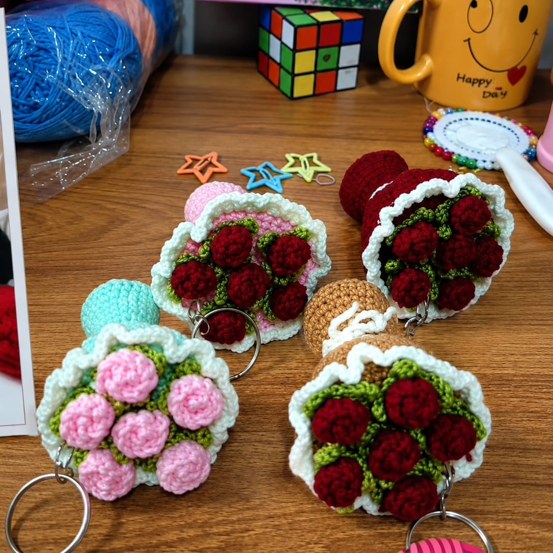 Handmade Crochet Rose Bouquet Keychain